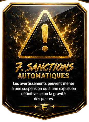 7. Sanctions automatiques — Les avertissements peuvent mener à une suspension ou à une expulsion définitive selon la gravité des gestes.